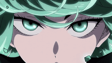 Tatsumaki using her powers her green hair and black dress blowing in the wind