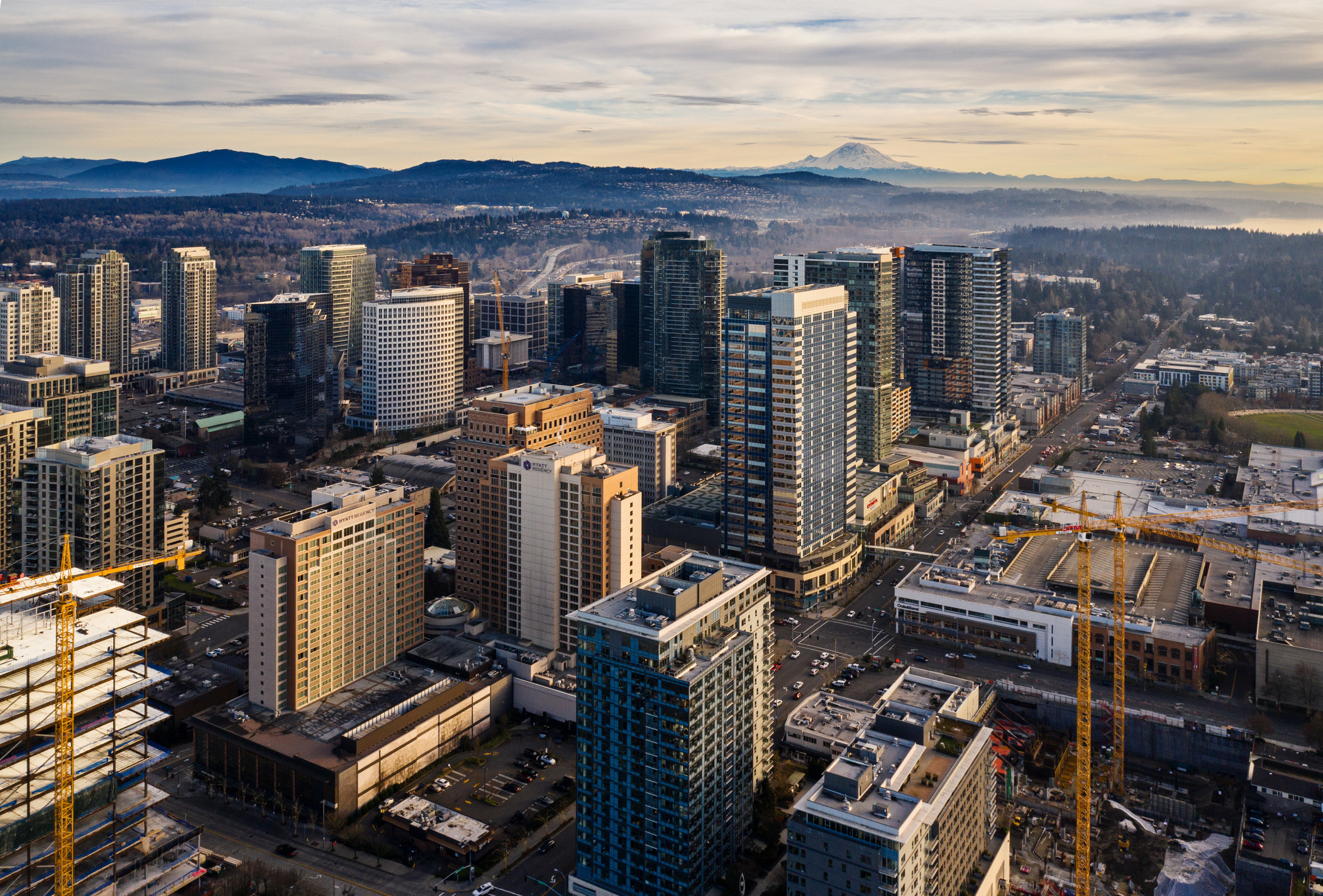 Aerial view of skyscrapers in downtown Bellevue