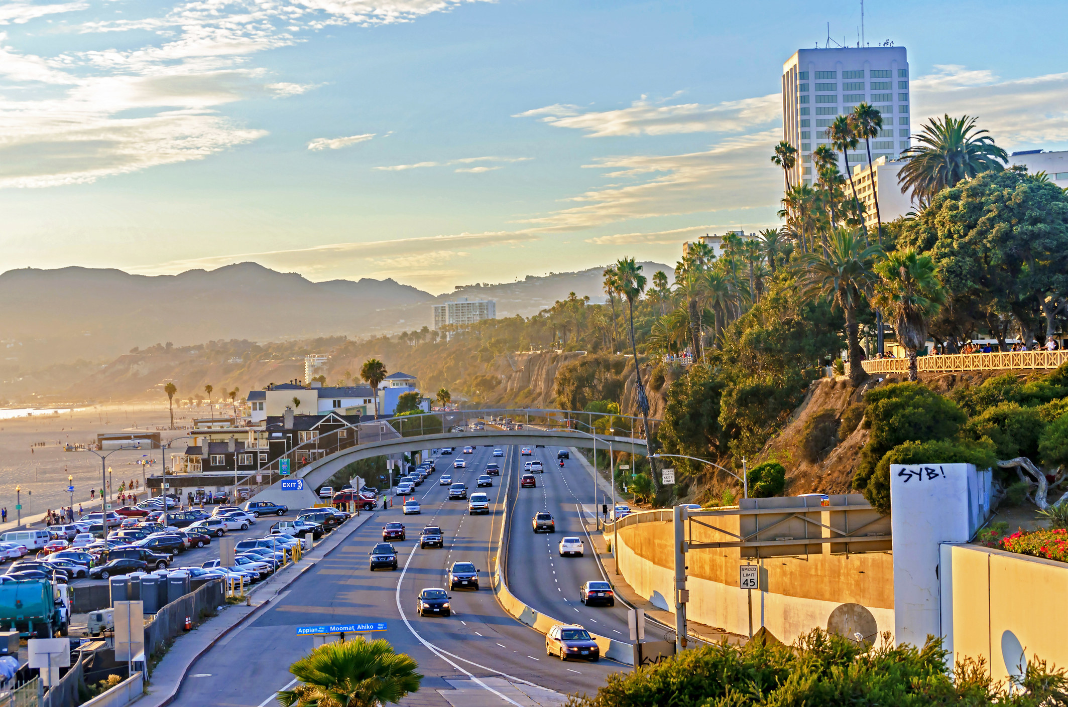 Highway running alongside the beach in Santa Monica