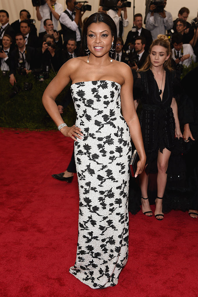 Taraji wore a sequined strapless dress with floral details
