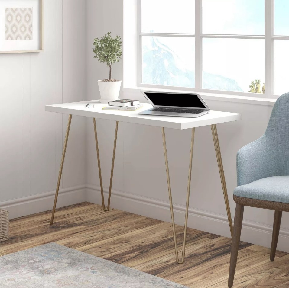 White desk with gold hairpin legs