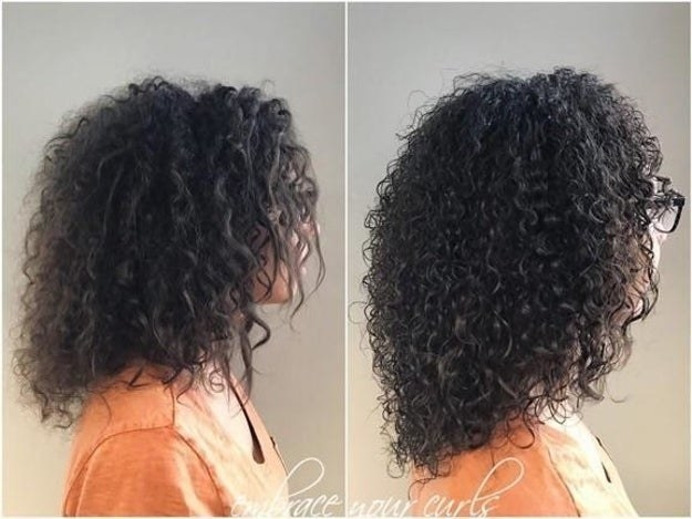 A before/after of a model with slightly frizzy curls before, and more defined, less frizzy curls after