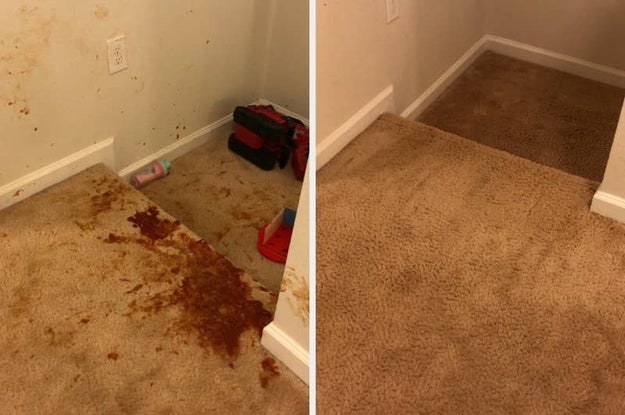 on left, carpet stained with ketchup. on right, same carpet all clean after using instant spot remover