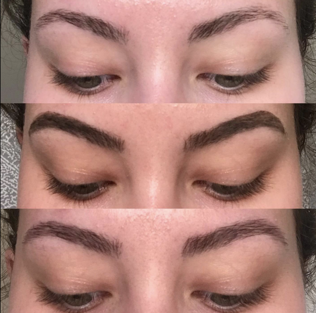 Reviewer&#x27;s brows before the tint, during the tint, and after, to show the subtly more filled in, darker effect