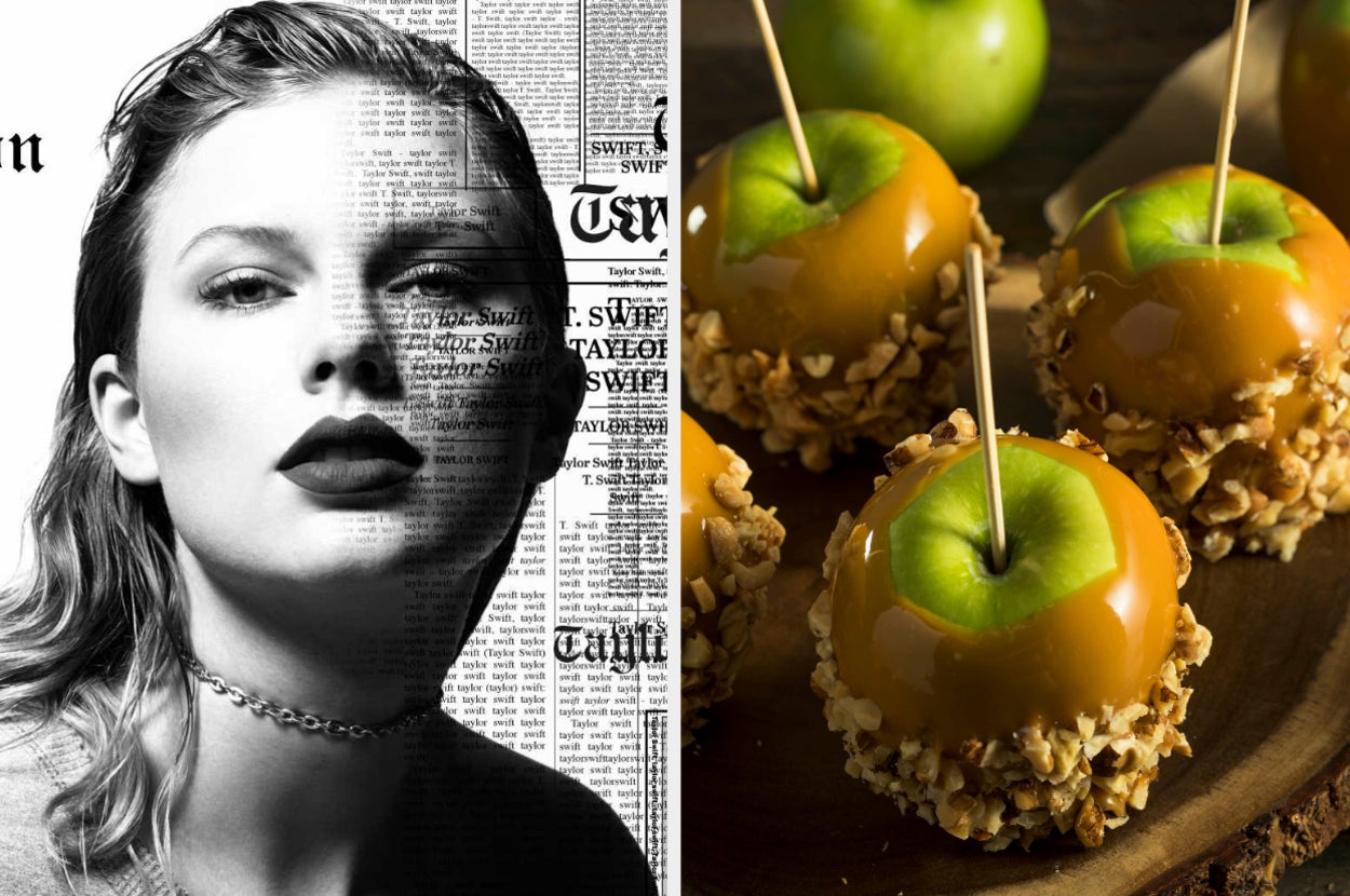 On the left, Taylor Swift on the Reputation album cover, and on the right, some caramel apples rolled in nuts