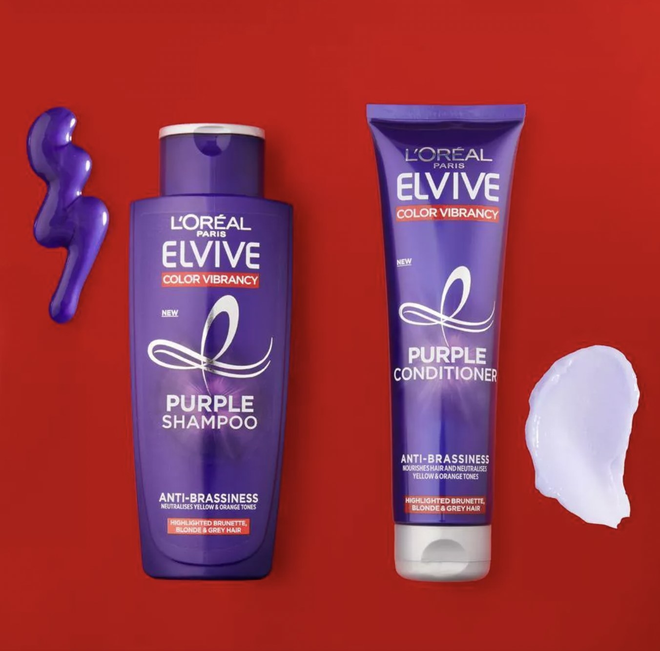 A bottle of purple shampoo and conditioner
