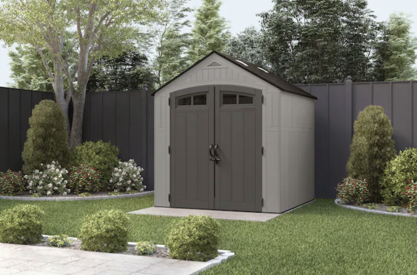 A 7-ft x 7-ft storage shed in a backyard