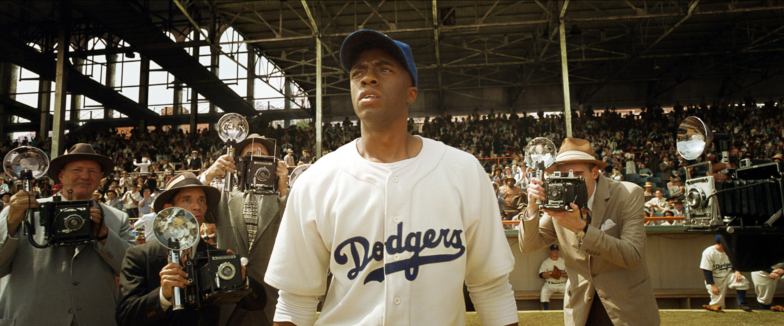Jackie Robinson wearing his Dodgers uniform in the film