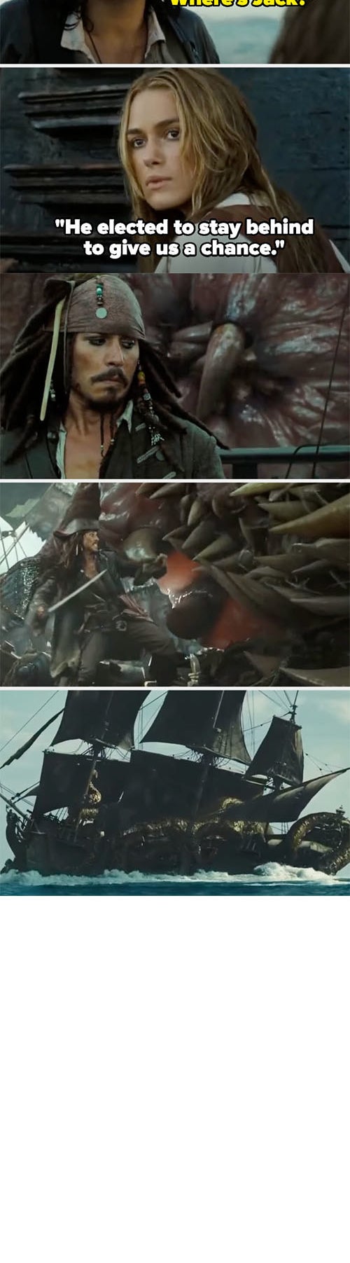 Jack being left behind on the ship and a monster taking him down on &quot;Pirates of the Caribbean: Dead Man&#x27;s Chest&quot;