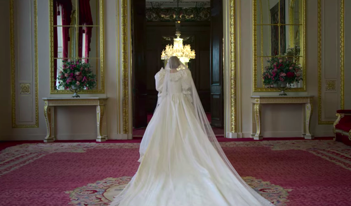 Princess Diana walking away in her wedding dress on The Crown