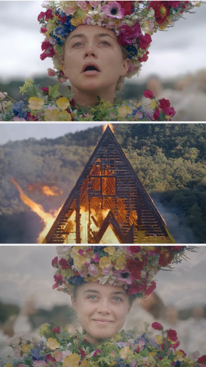 Dani sobbing as the wooden temple is burned down and then smiling on &quot;Midsommar&quot;