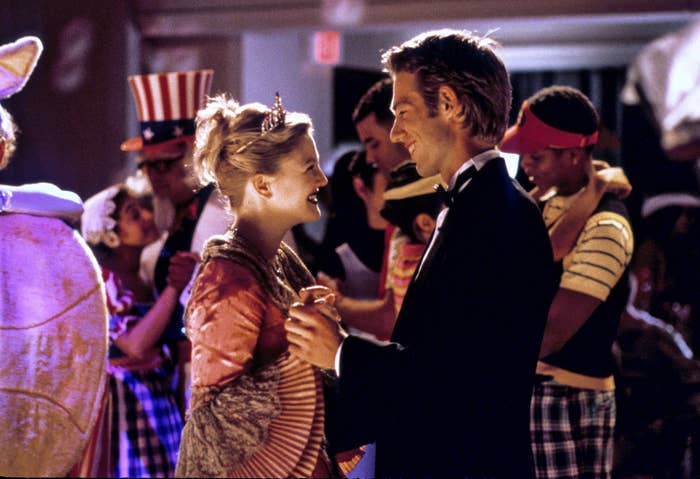 Drew and Michael's characters share a dance at a costume party