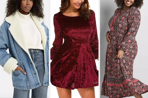model in sherpa lined denim jacket, model in velvet dress, model in midi prairie dress