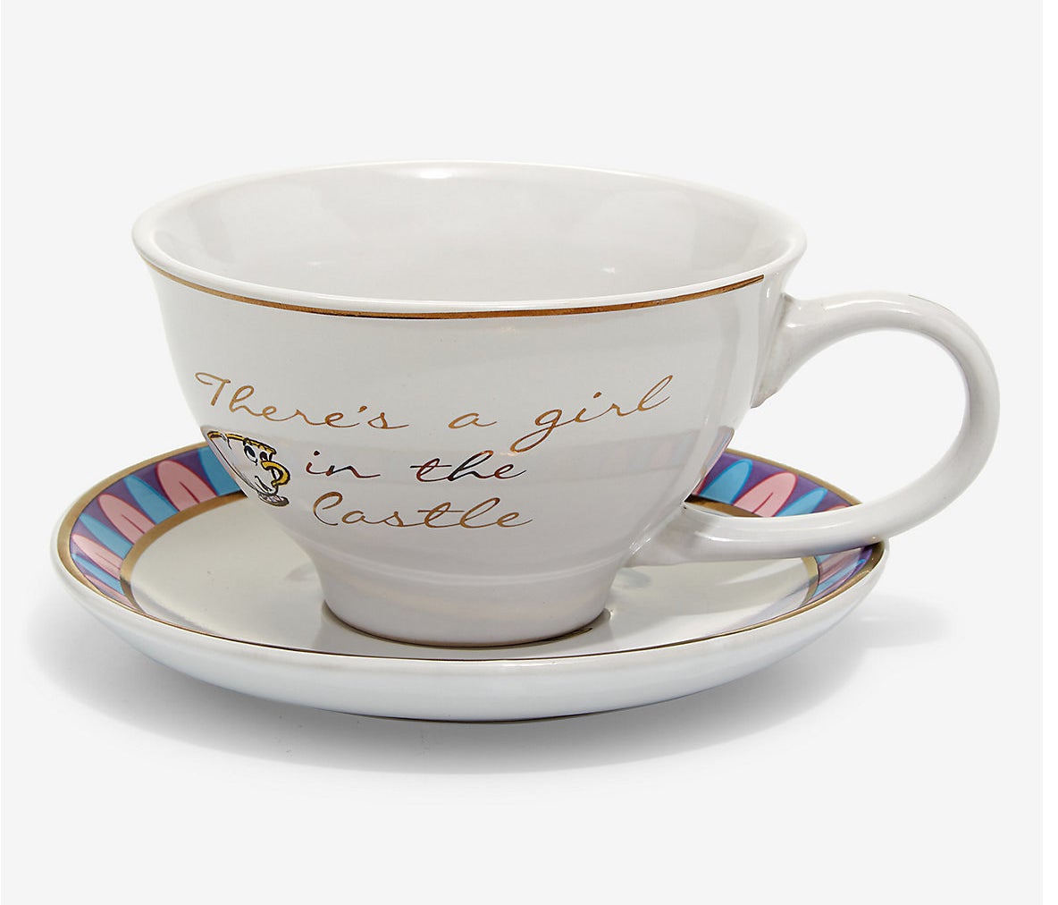 a white tea cup with chip on it and &quot;there&#x27;s a girl in the castle&quot; written in gold on a saucer
