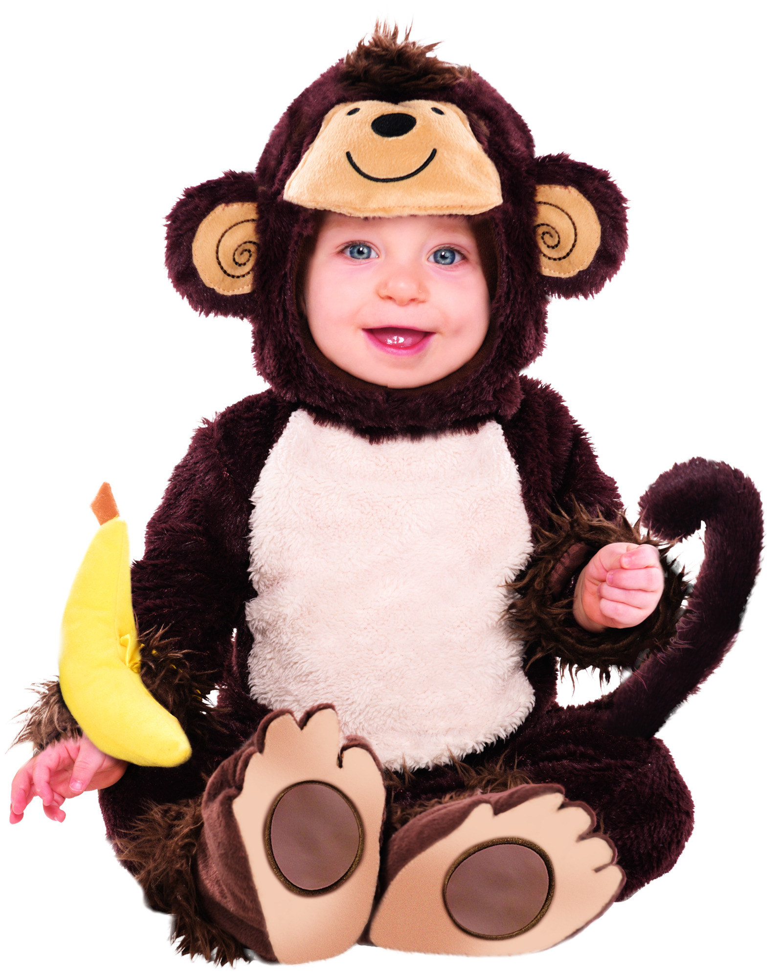 baby in monkey costume holding a banana