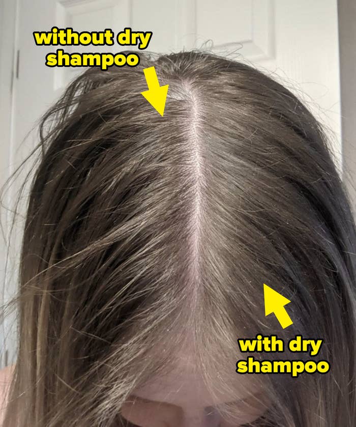 reviewer showing the left part of their hair without the dry shampoo, and the right with dry shampoo, revealing it looks less tangled and less greasy