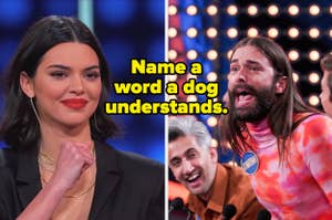 Kylie Jenner and Jonathan Van Ness with text, "Name a word a dog understands"