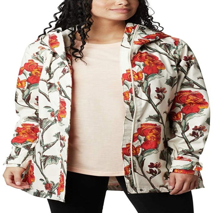 model wearing floral print rain jacket