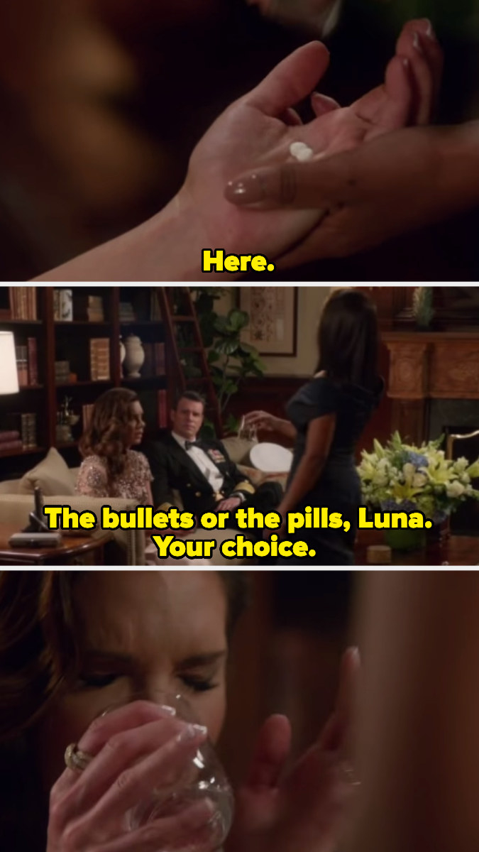 Olivia Pope forcing Luna to decide between suicide pills and bullets