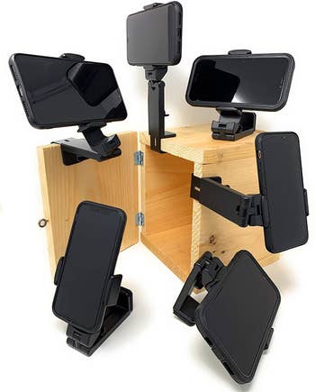 the clip-on holder bent at all different angles to stand the phone both vertically and horizontally