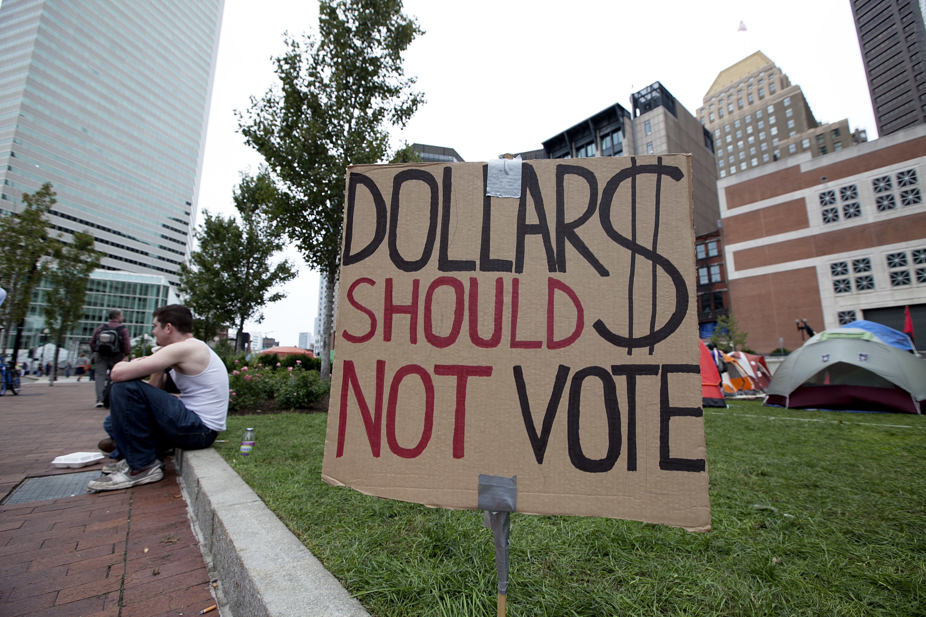 Sign reads &quot;dollars should not vote&quot;