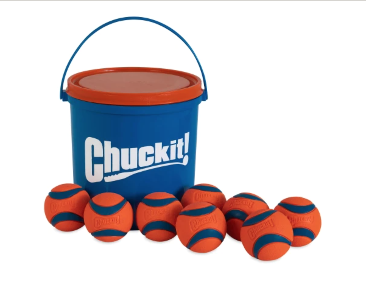 Bucket surrounded by eight balls.