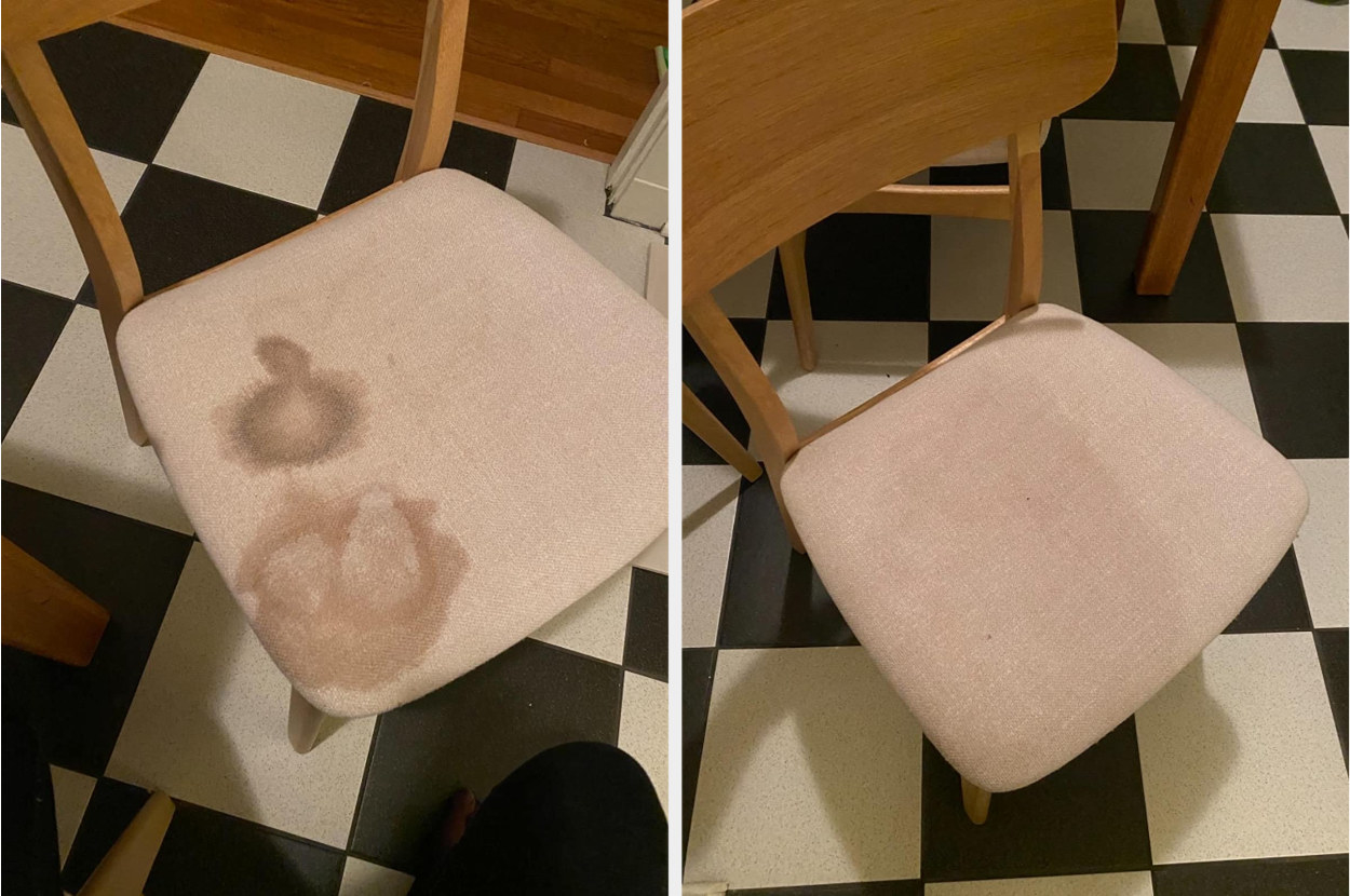 a before and after of a stained chair