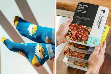 someone wearing blue blowfish socks; someone holding a stack of meals