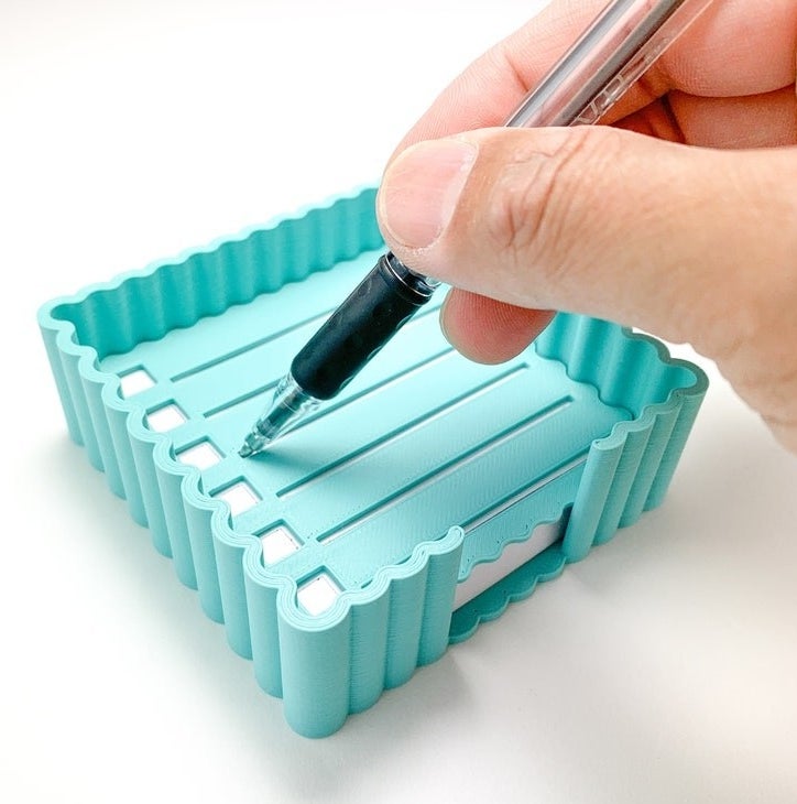 mint scalloped note holder and insert with stencil for making lines and check marks
