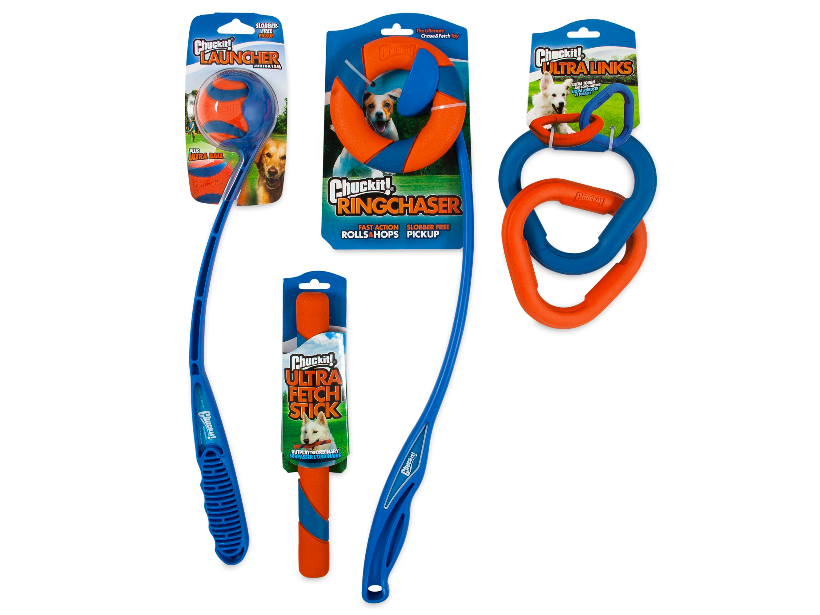 Pack of four items for dogs: a launcher, a ringchaser, a fetch stick, and rubber links.