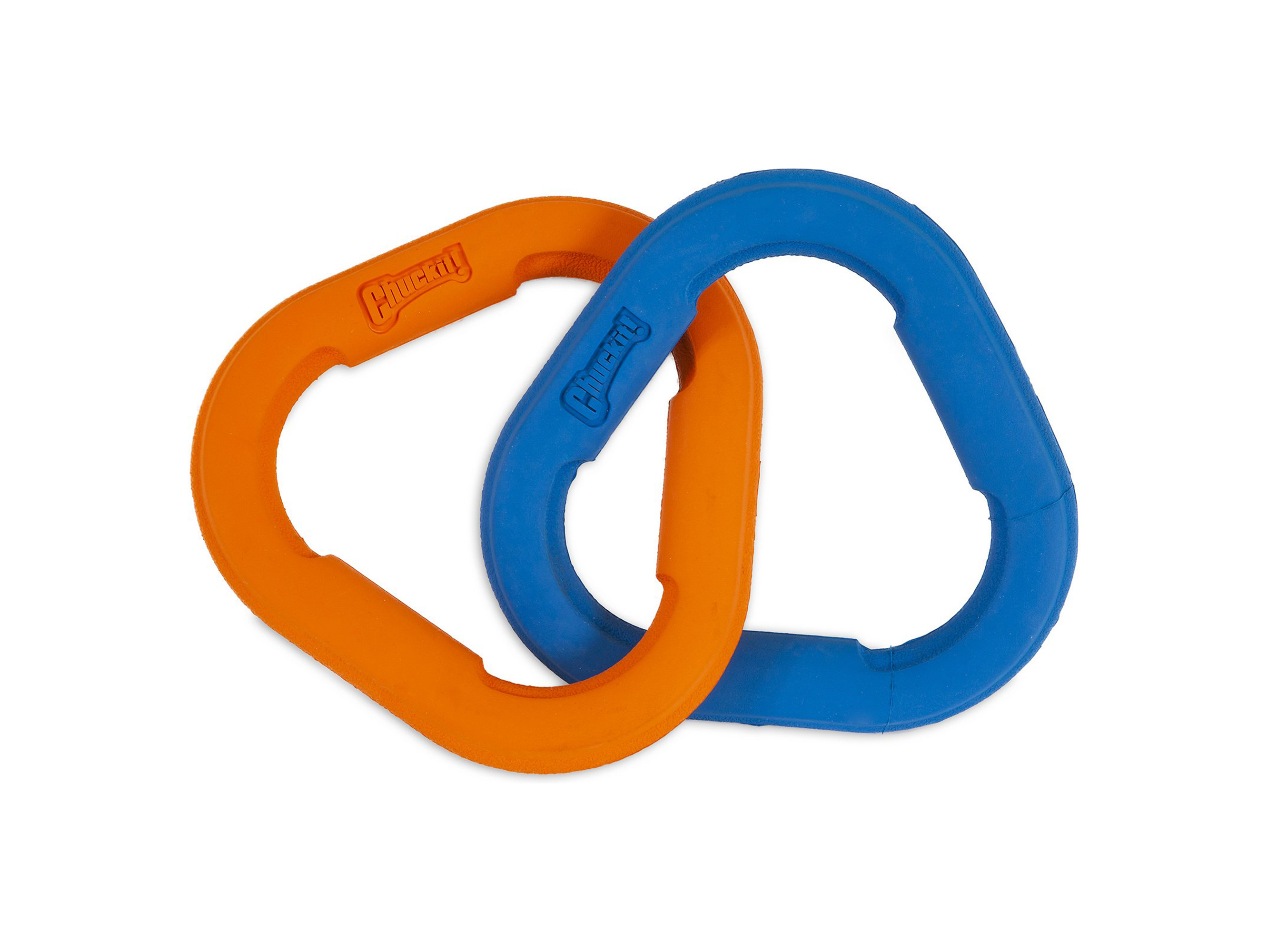 Two triangular rubber links, one blue and one orange.