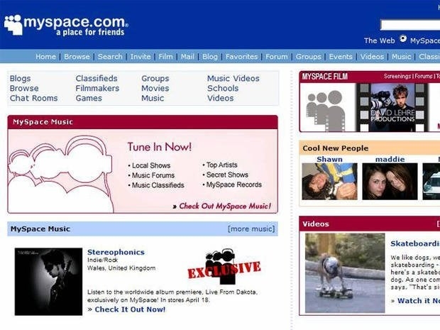 The iconic Myspace homepage where you can see music, users, videos, and more