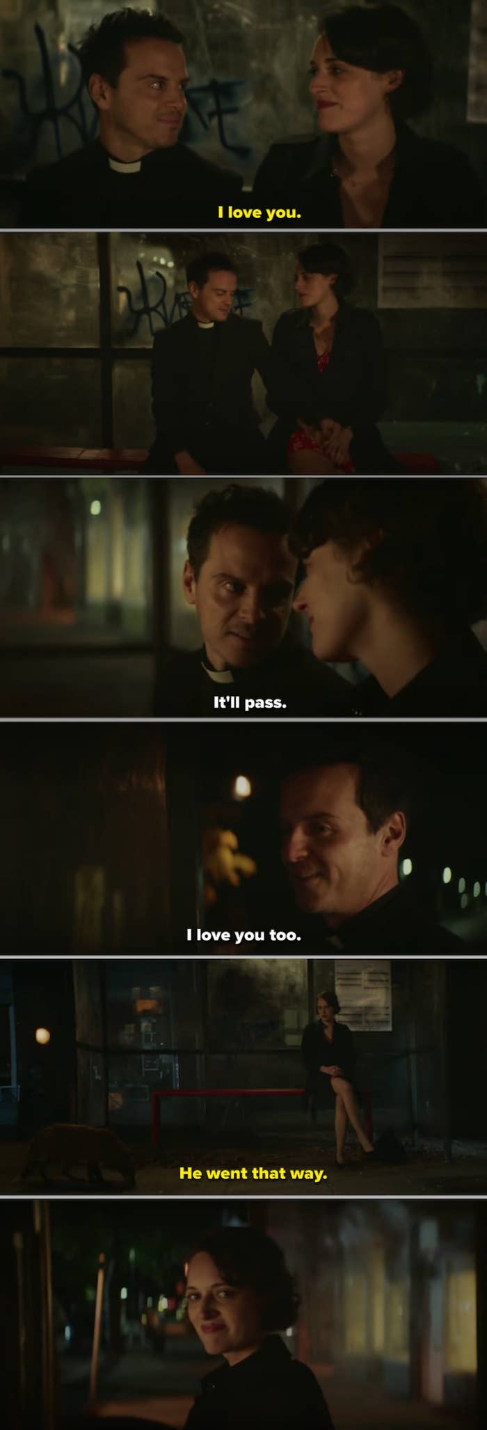 Fleabag and the Priest saying their final goodbyes to each other at the bus stop