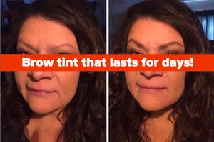 L: before photo of a reviewer with light sparse brows R: the same reviewer with noticeably fuller looking brows after using a brow tint