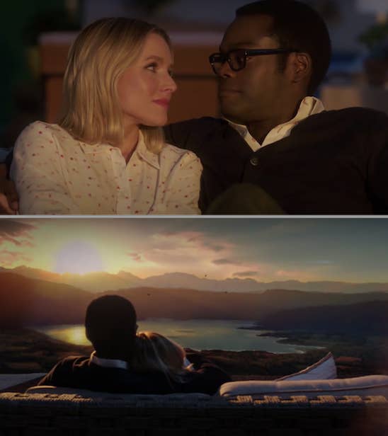 Eleanor and Chidi from The Good Place sitting outside, watching the sunset together