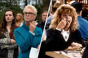 Katherine Langford and Jamie Lee Curtis stand together while Jamie smokes a cigarette. And a close up of Meg Ryan as she puts a spoon in her mouth