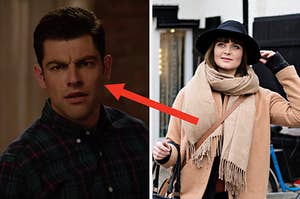 A close up of Schmidt from "New Girl" and a woman wears a wide brim hat, overcoat, and oversized scarf