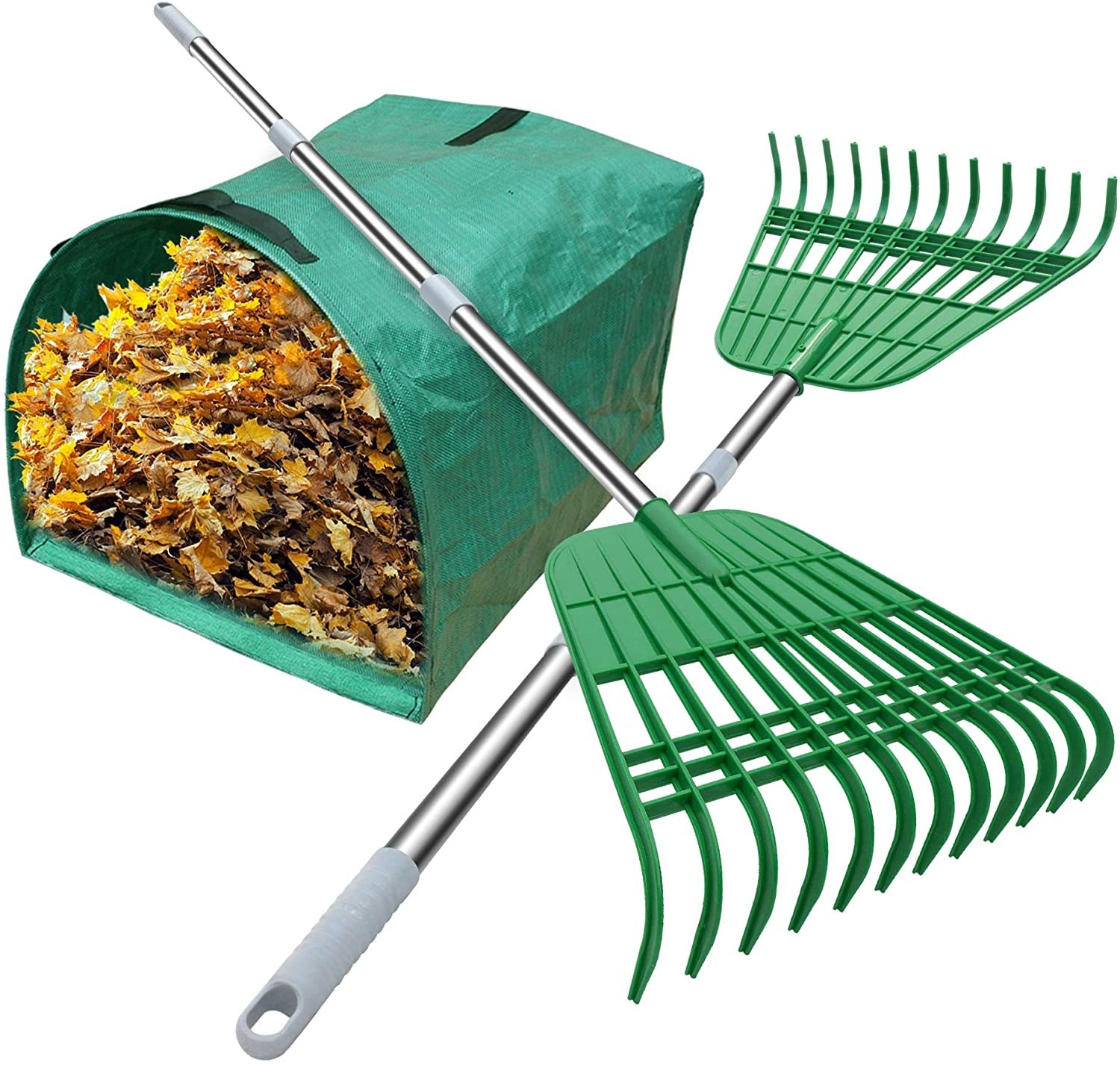 two green plastic rakes with a metal handle and dustpan leaf bag