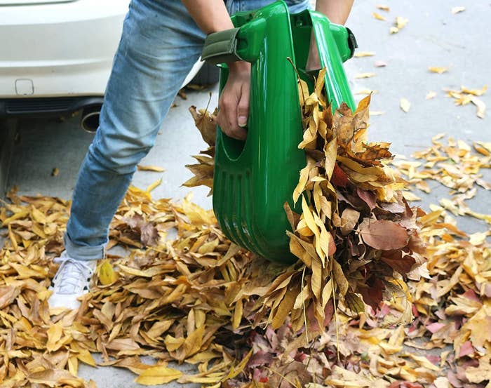 a person using the leaf scoop to move leaves out of a driveway