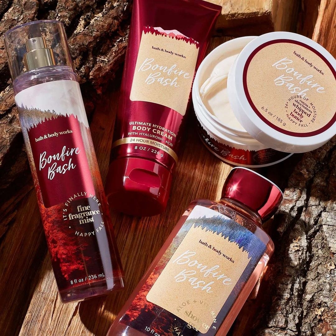 Bottles of bonfire bash fragrance, body cream, lotion, and body wash