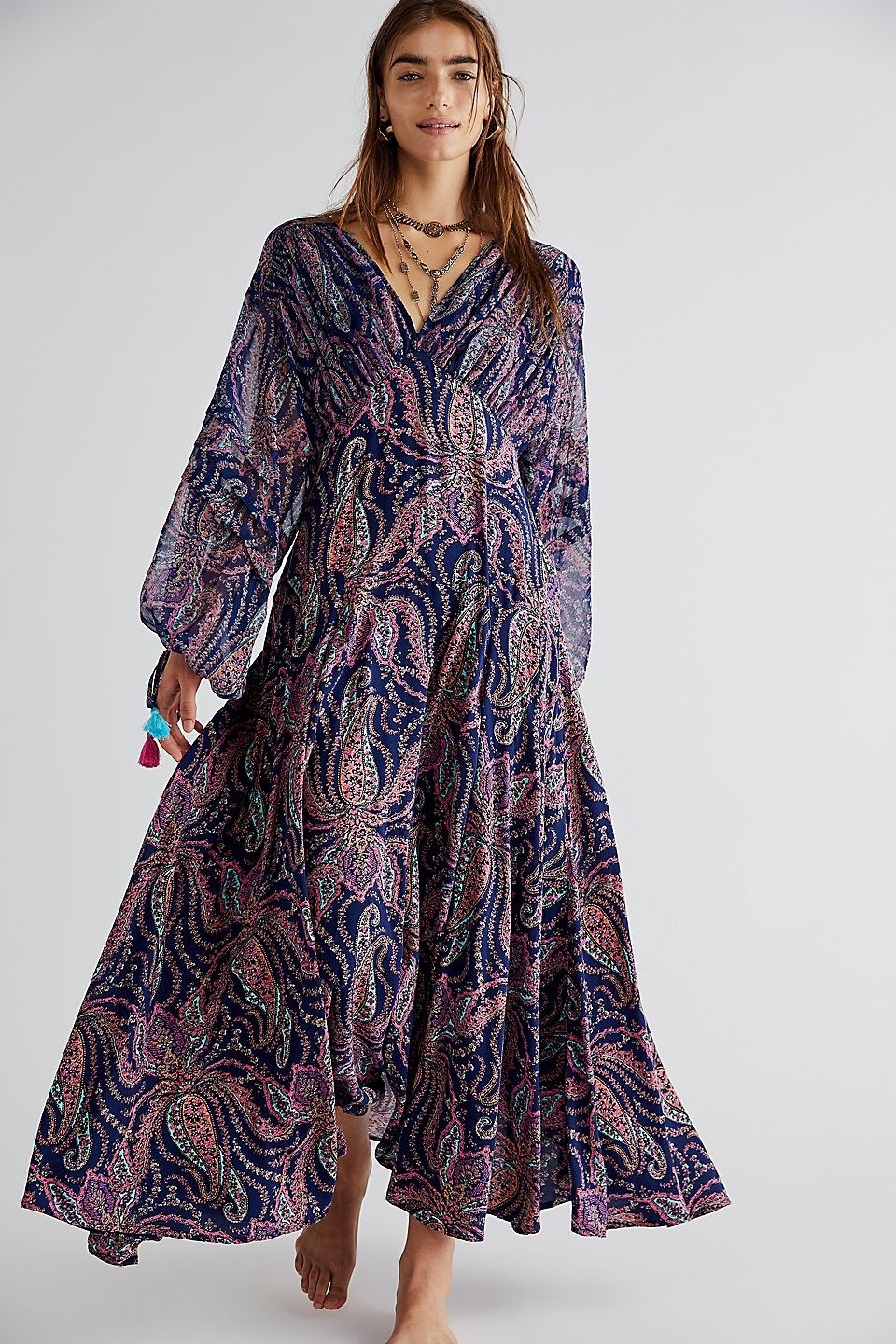 model wearing the blue and pink pattern maxi dress