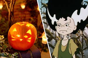 A pumpkin with a cat's face carved in it and Frankenstein's daughter from "Scooby-Doo"