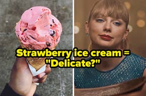 A hand holds an strawberry ice cream cone and a close up of Taylor Swift as she looks into a mirror