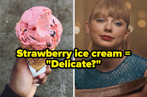 A hand holds an strawberry ice cream cone and a close up of Taylor Swift as she looks into a mirror
