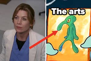 A close up of Meredith Grey from "Grey's Anatomy" and a self portrait of Squidward Tentacles from "SpongeBob SquarePants"