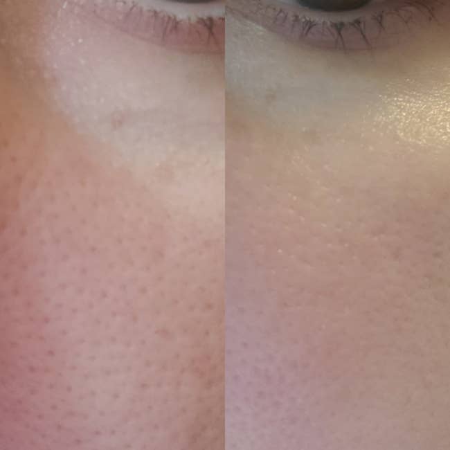 A reviewer showing their pores being blurred after using the primer