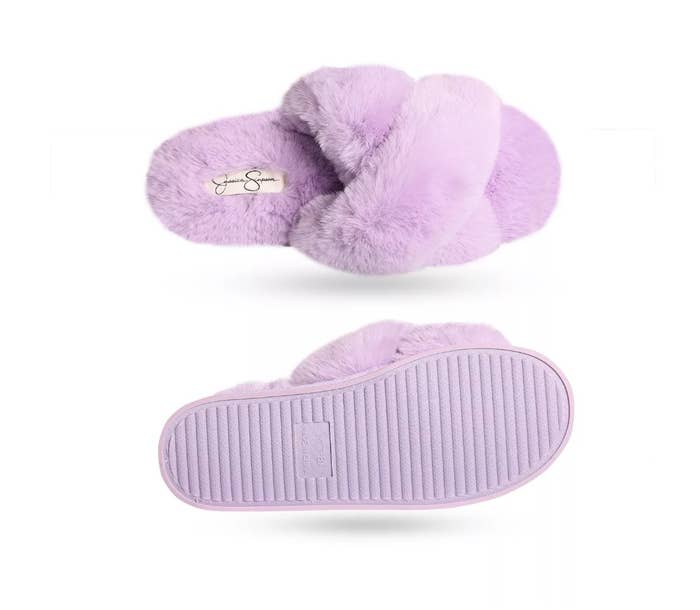 Lilac colored fuzzy crossband slippers front and bottom