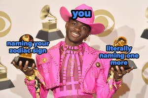 Lil Nas X (labeled you) holding two Grammy's labeled 