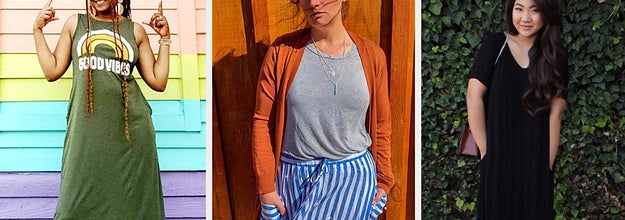 L: a reviewer wearing a green tank maxi dress that says