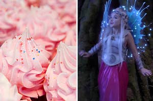 Cupcakes are shown on the left with a fairy lifting her head on the right